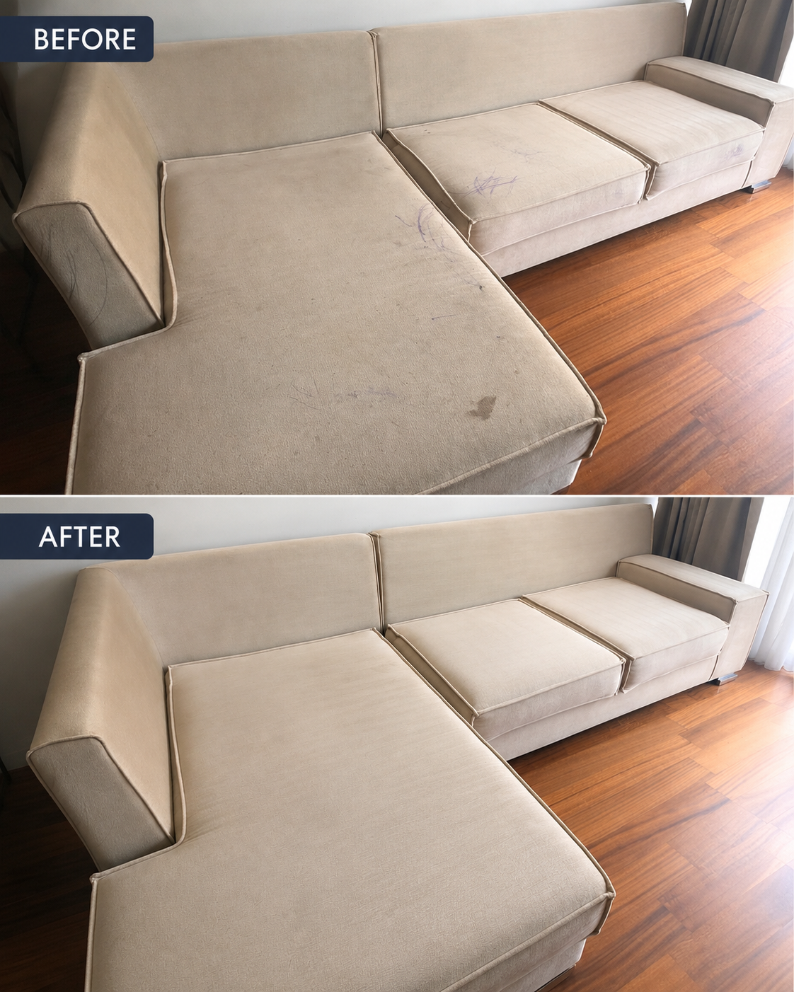 Sofa cleaning before and after — beige L-shaped sectional