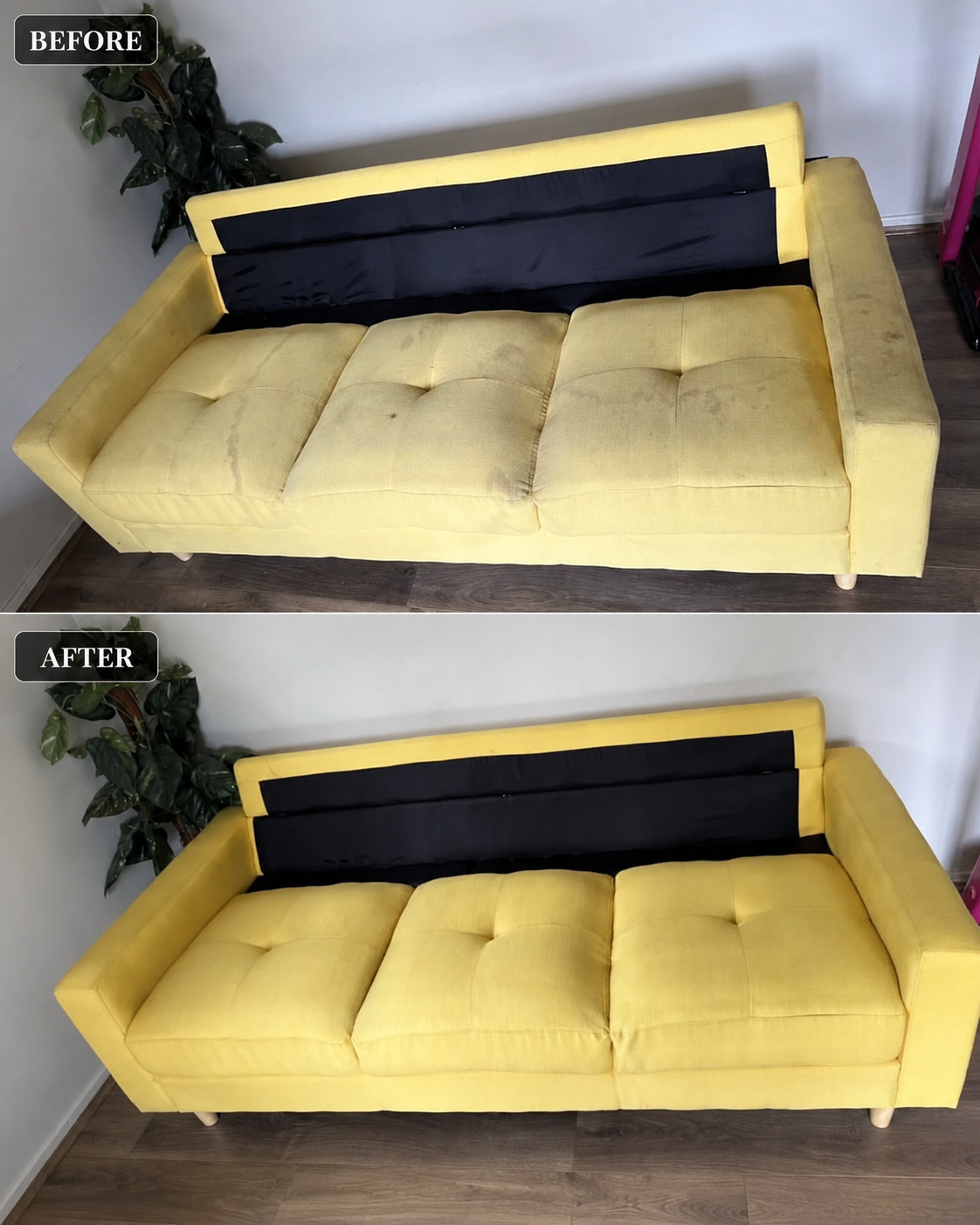 Sofa cleaning before and after — yellow fabric sofa