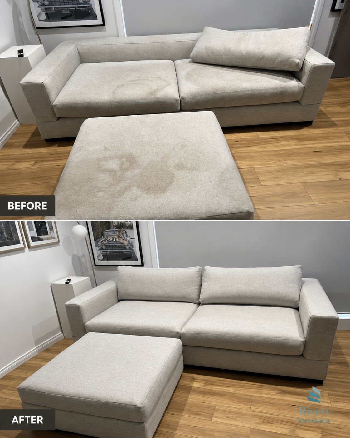 Sofa cleaning before and after — white sectional sofa