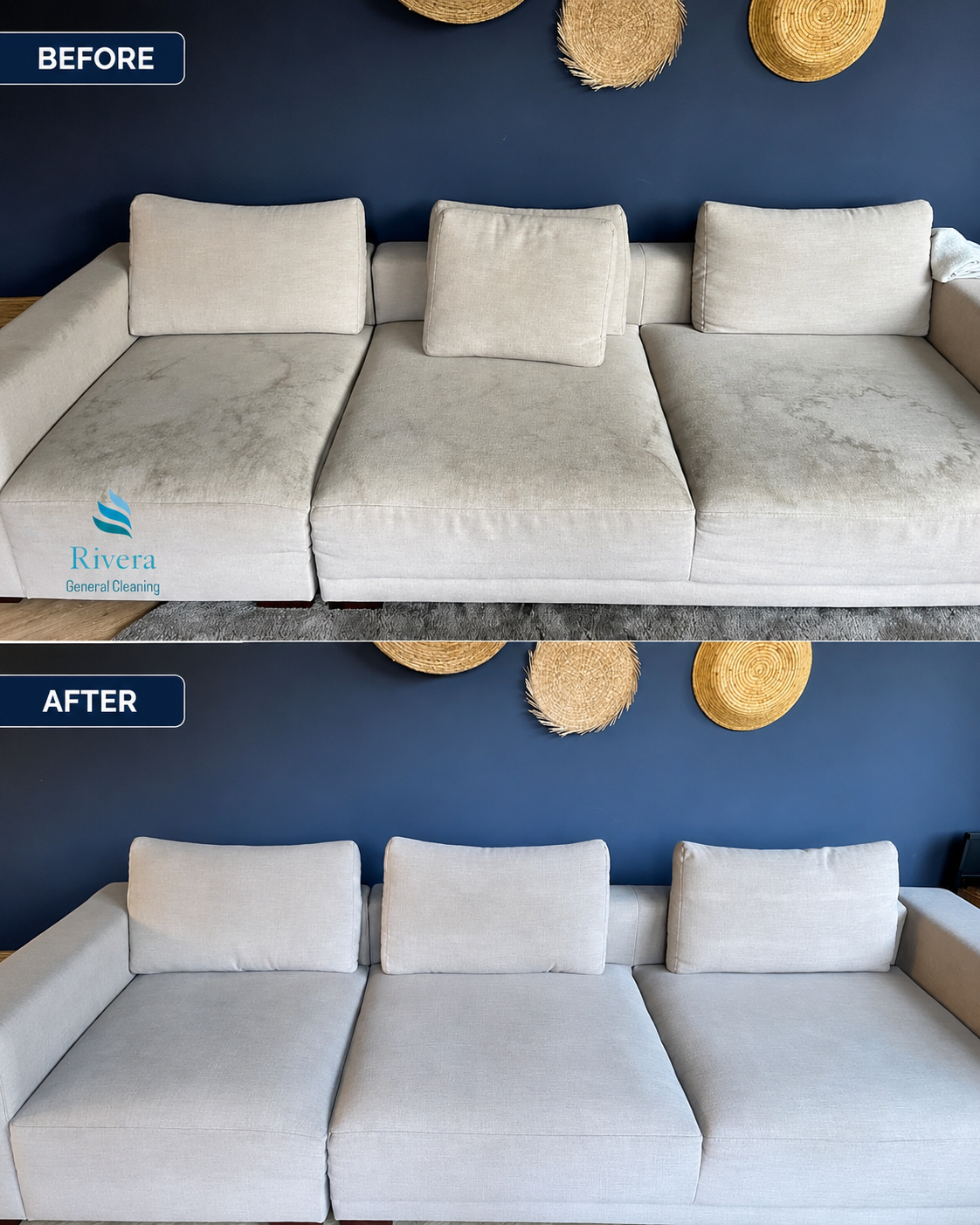 Sofa cleaning before and after — white 3-seater against navy wall
