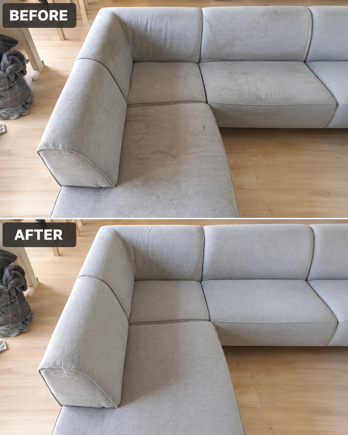 Sofa cleaning before and after — grey L-shaped sectional